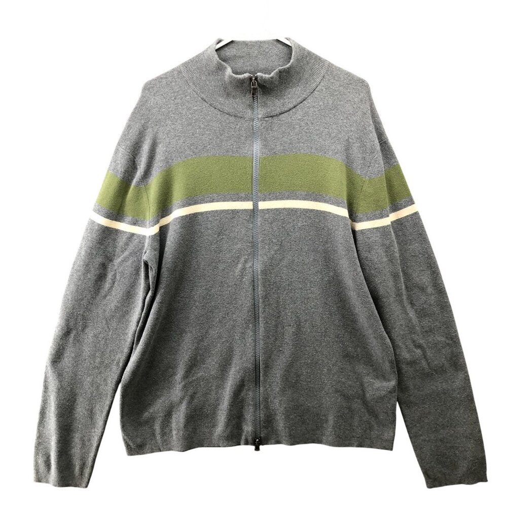 VTG‎ Banana Republic Full Zip Sweater Mens M Gray Green Stripe Knit Cotton